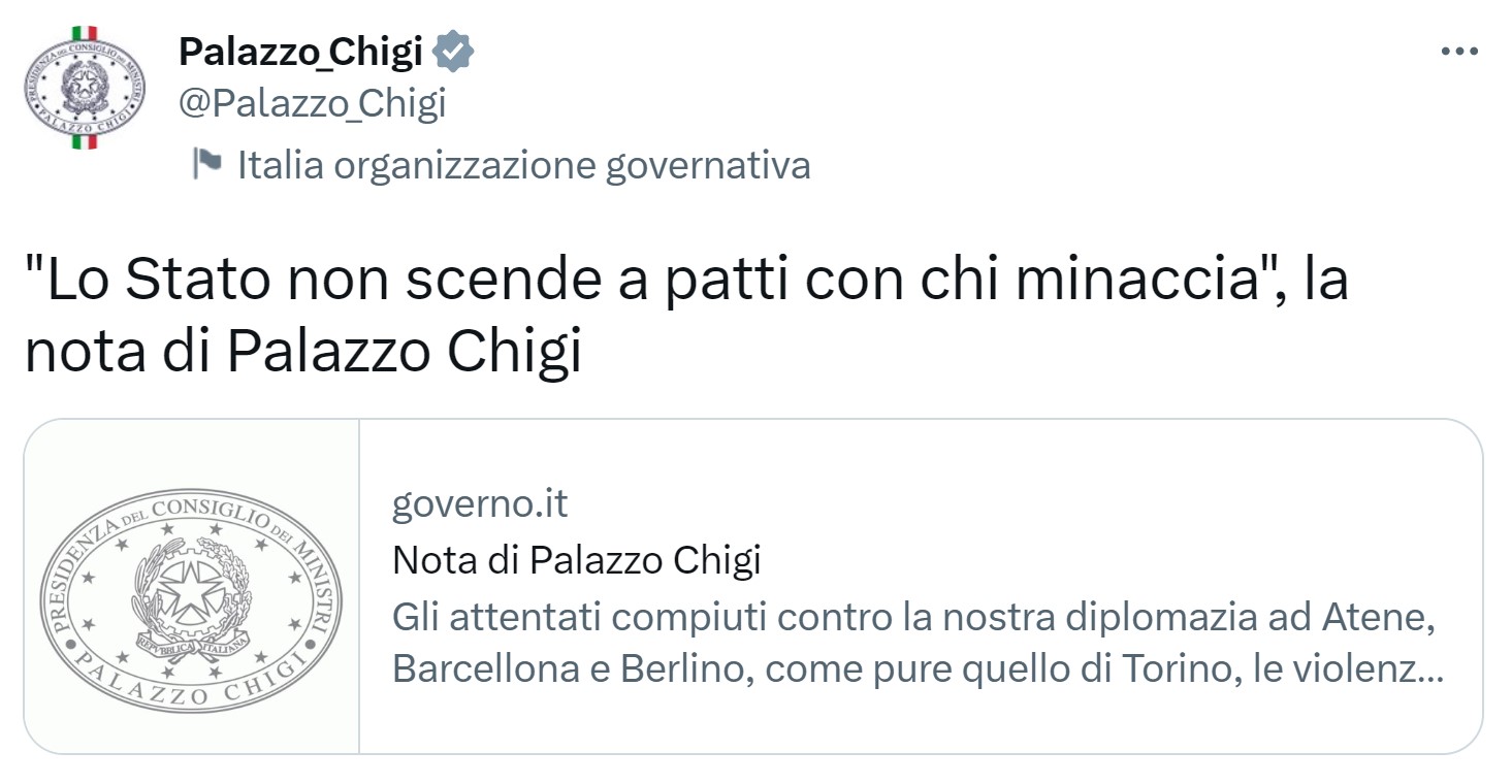 Il Tweet di Palazzo Chigi