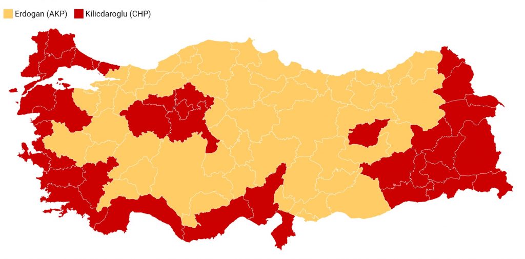 Una mappa di Al Jazeera, basata sui dati dall'agenzia statale turca Anadolu, mostra la distribuzione geografica del voto