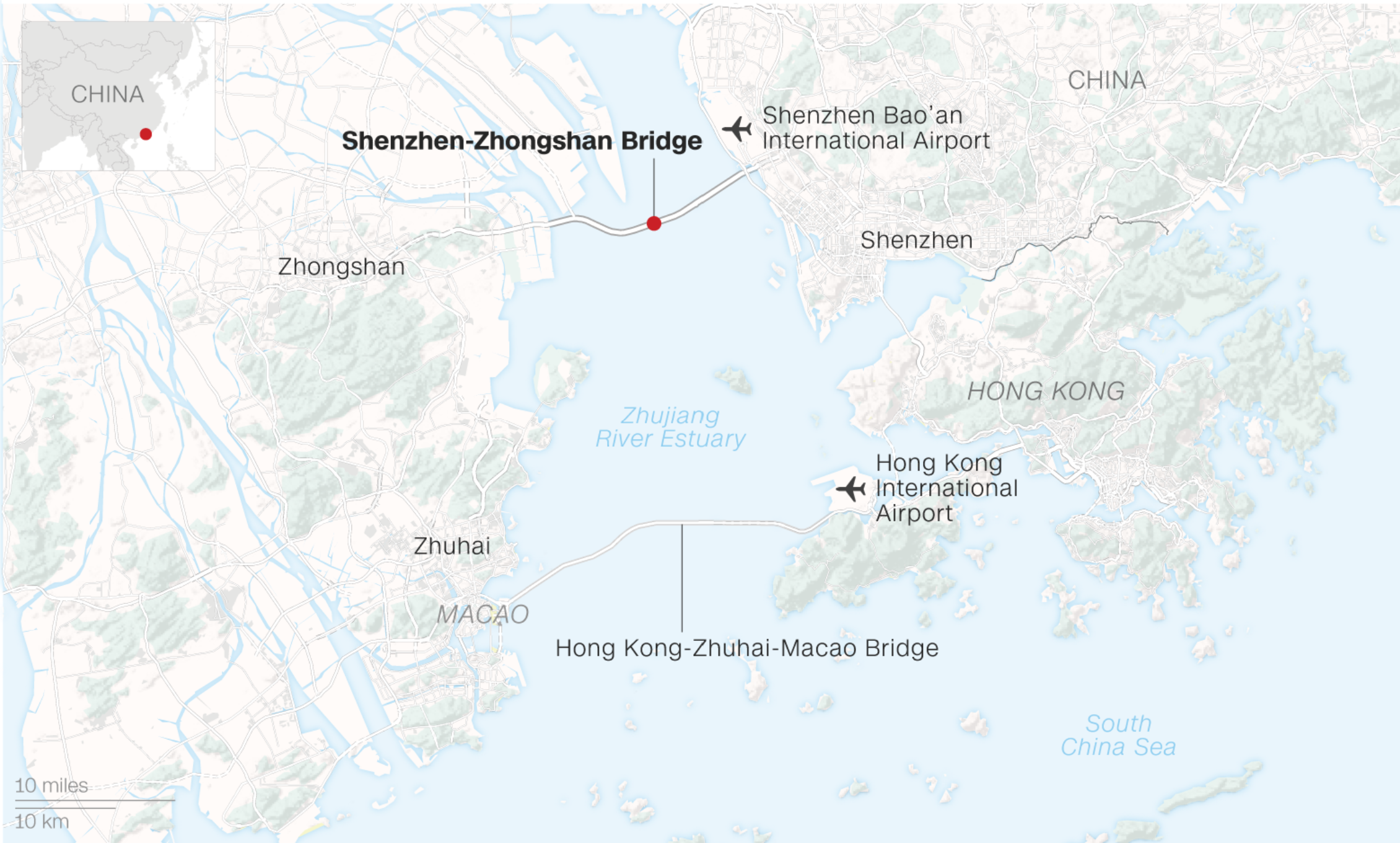 Una mappa che illustra le posizioni dei due maggiori ponti cinesi sul delta del Pearl River. Ancora più a Nord del Ponte Shenzhen-Zhongshan, si trova il Ponte di Humen
