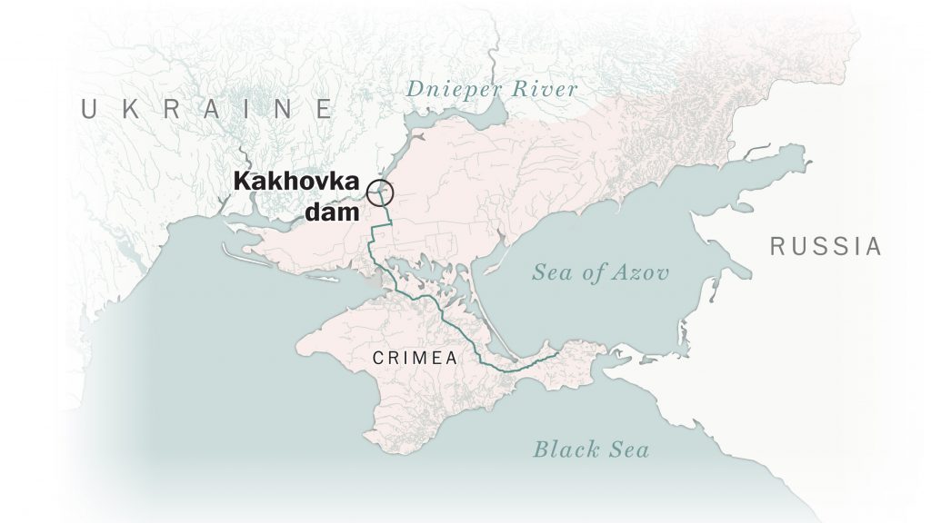Una mappa del Washington Post mostra la diga di Nova Kakhovka e il corso d'acqua che raggiunge la Crimea