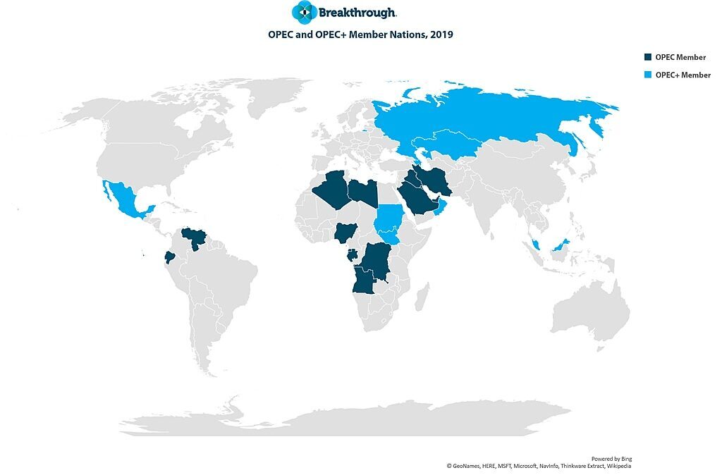 In blu scuro i Paesi membri dell'OPEC, in azzurro quelli dell'OPEC+