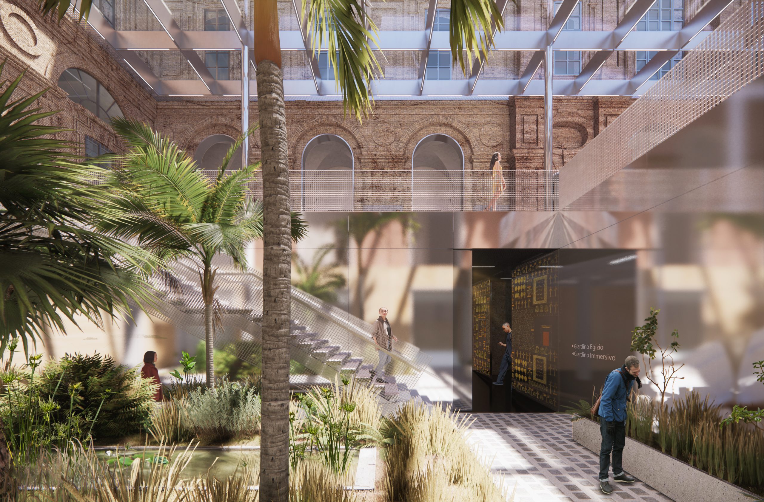 Un rendering del nuovo cortile del museo, con il giardino egizio, secondo il progetto di Oma
