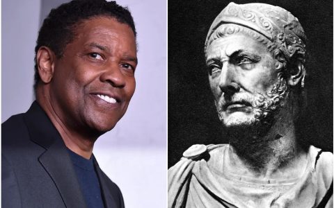 A sinistra l'attore Denzel Washington. A destra una statua del condottiero cartaginese Annibale
