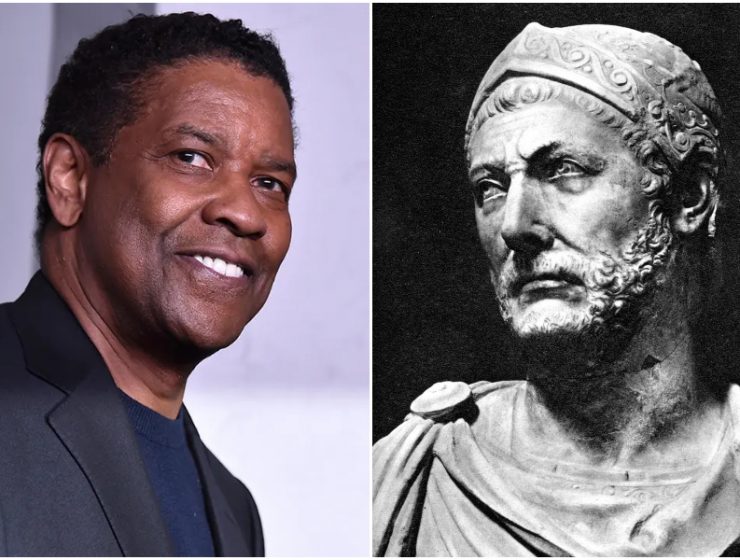 A sinistra l'attore Denzel Washington. A destra una statua del condottiero cartaginese Annibale