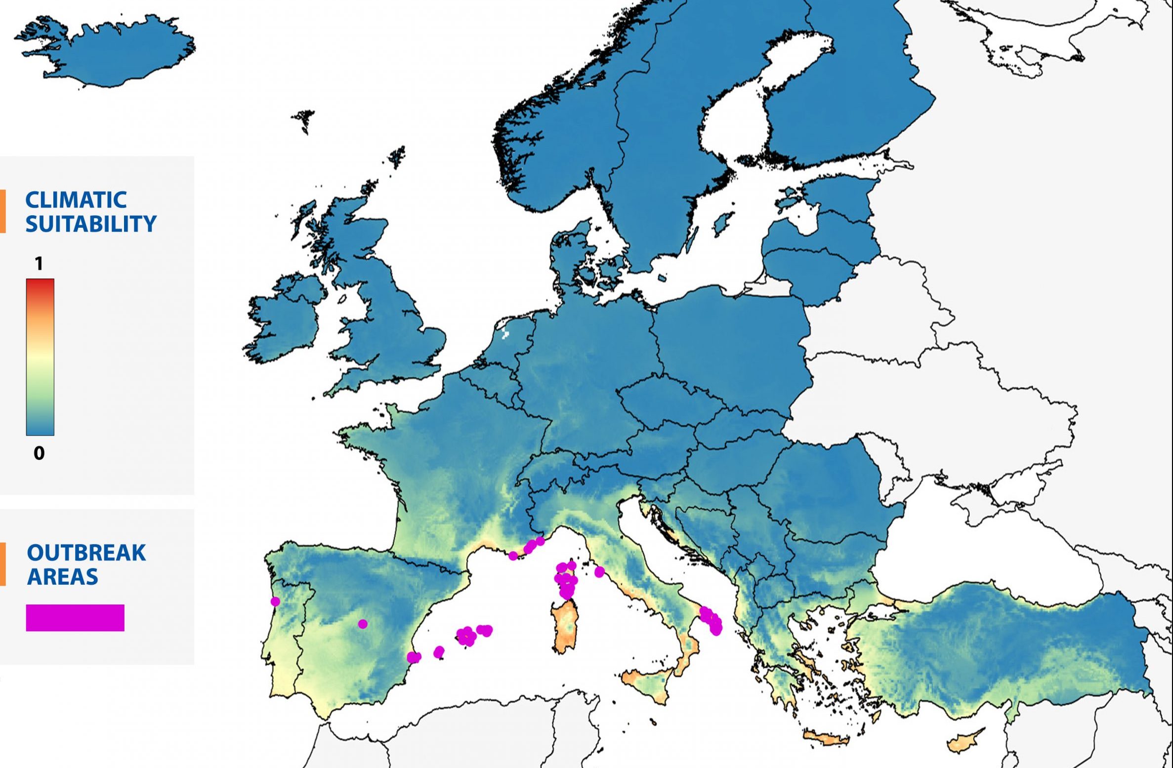 Ritaglio di una mappa dell'Efsa (2019), che valuta il rischio da Xylella in base alle condizioni climatiche