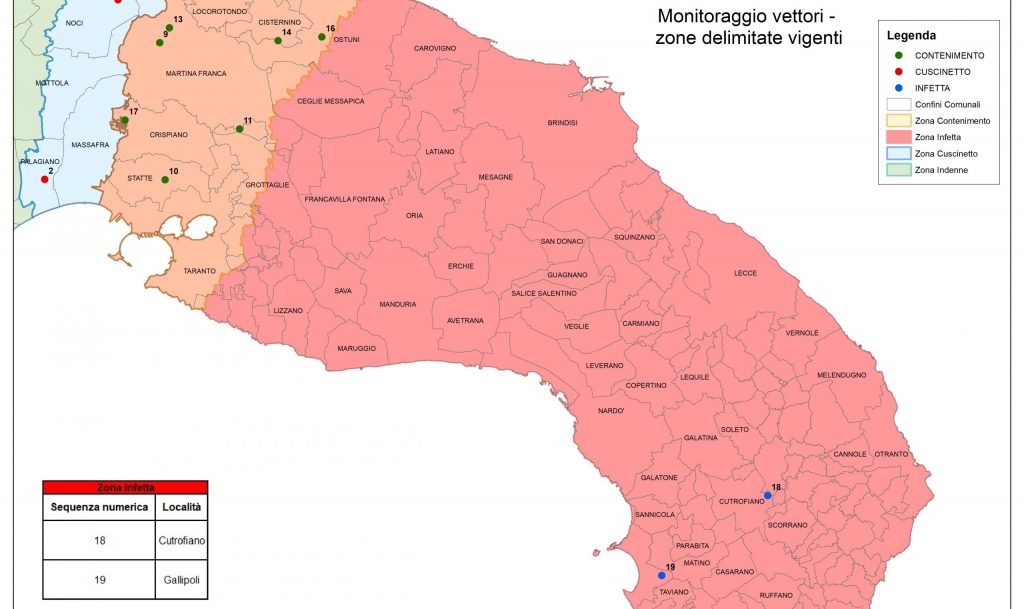 Ritaglio di una mappa di Emergenza Xylella (2020), il portale della Regione Puglia dedicato al fenomeno