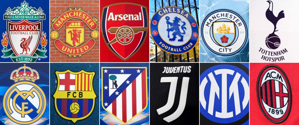 I loghi dei 12 club che nel 2021 lanciarono il progetto Superlega