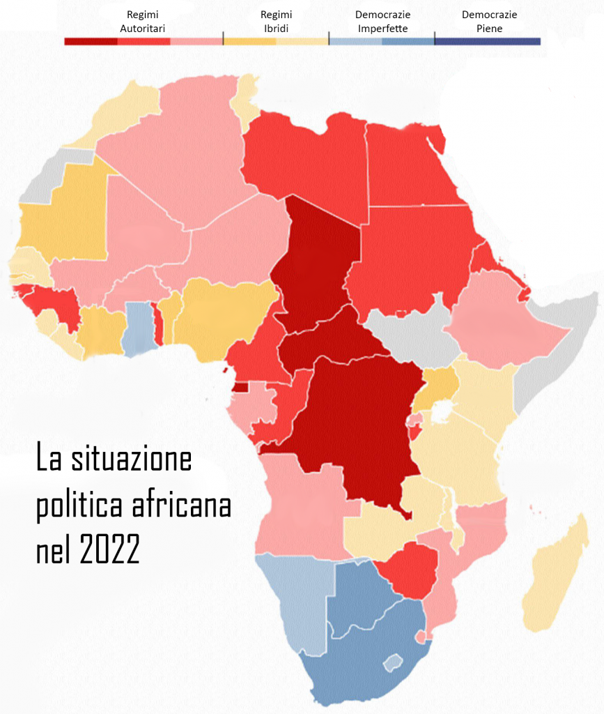 Una mappa del 2022 mostra quanto i regimi autoritari (nelle varie sfumature di rosso) siano preponderanti su tutte le altre tipologie di organizzazione politica degli Stati africani.