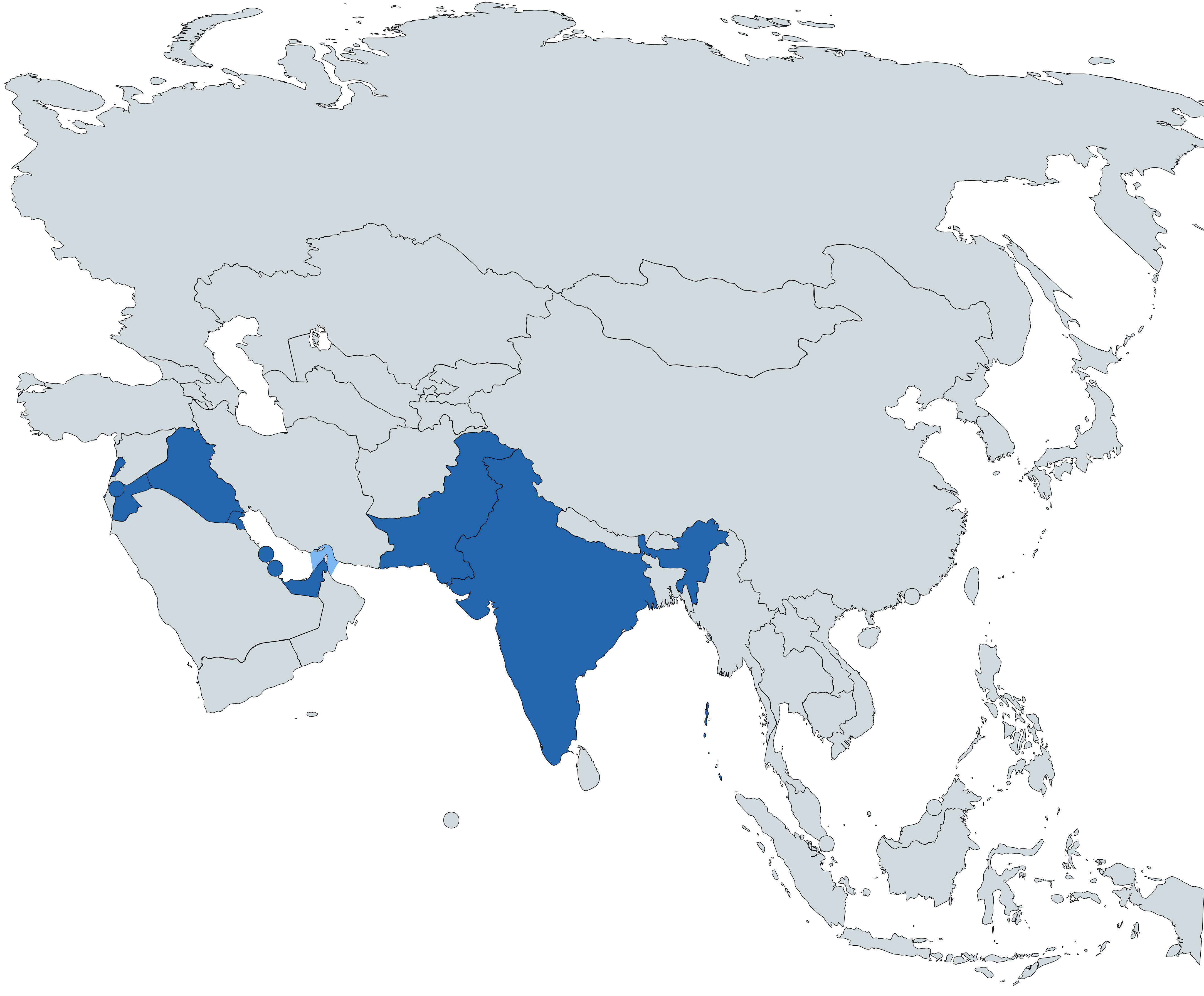 In blu i Paesi asiatici dove l'Italia è impegnata in operazioni militari (non solo con la presenza sul terreno). In colore più chiaro le aree di operazioni navali.