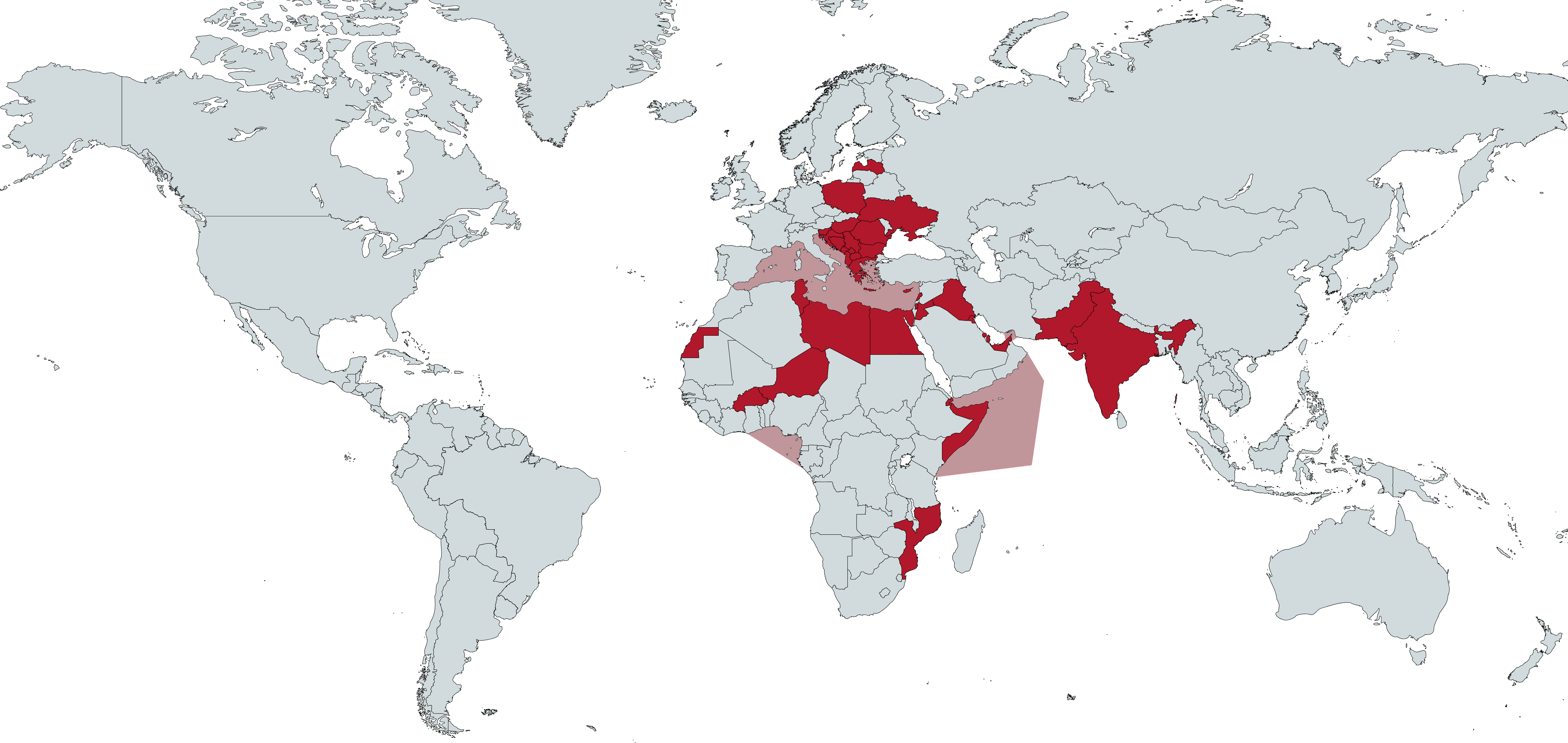 L'impegno militare italiano nel mondo. In rosso i Paesi dove l'Italia è impegnata in operazioni militari (non solo con la presenza sul terreno). In colore più chiaro le aree di operazioni navali.