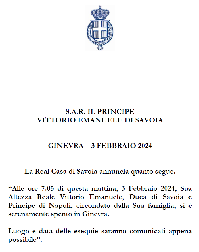 Il comunicato di Casa Savoia che annuncia la morte di Vittorio Emanuele.