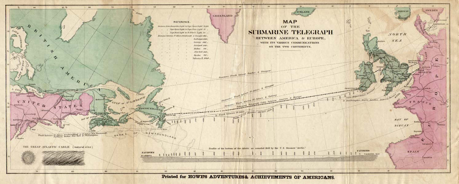 Uno dei primi cavi sottomarini, tra Londra e New York, nelle mappe del tempo