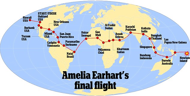 Il percorso compiuto da Amelia Earhart durante la circumnavigazione della Terra
