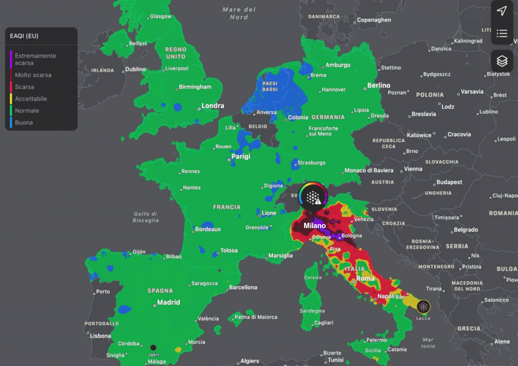 Mappa dell'inquinamento in Europa.Fonte: Breezometer