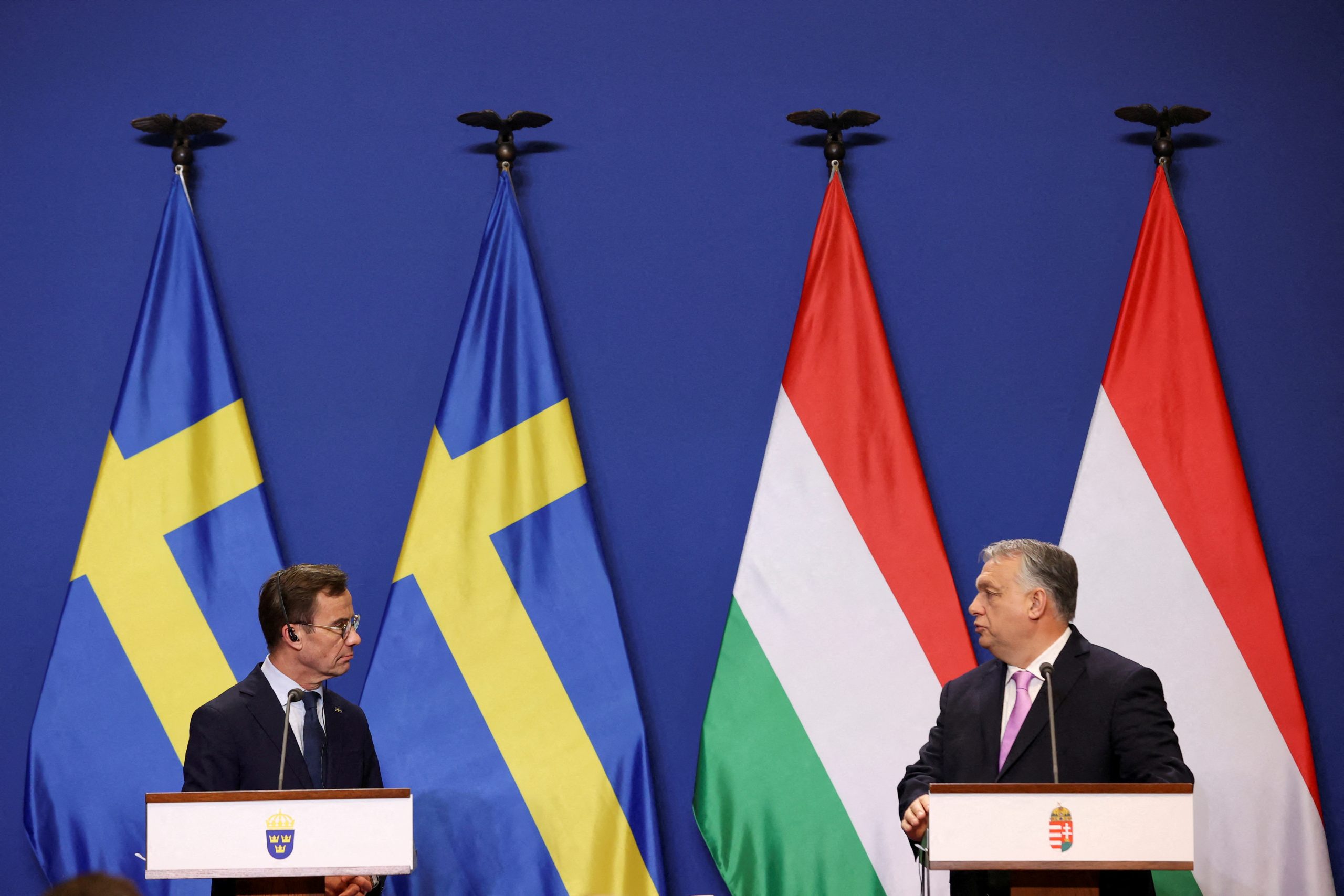 Il premier svedese Ulf Kristersson e l'omologo ungherese Viktor Orban a Budapest il 23 febbraio 2024, il giorno in cui il veto dell'Ungheria è di fatto caduto.