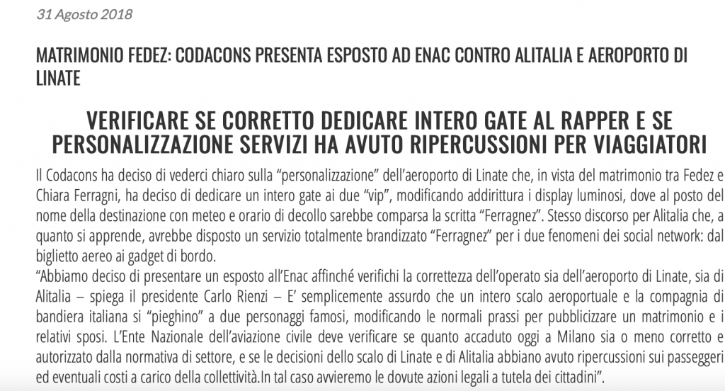 Il primo comunicato stampa sul sito del Codacons che riguarda Fedez e Chiara Ferragni