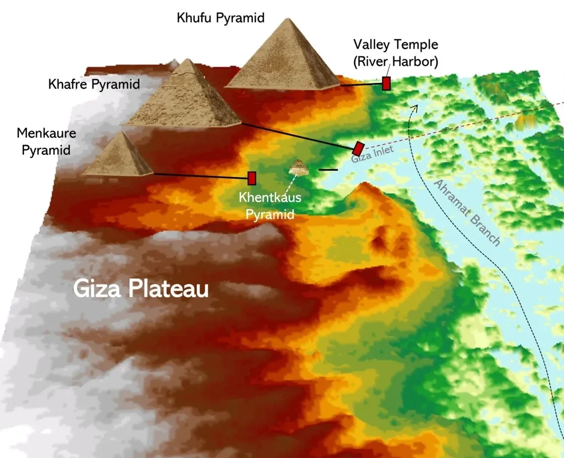 La piana di Giza vista con l'occhio del satellite Sentinel-1 dell'ESA. In rosso sono evidenziati i "templi di valle", tutti allineati al vecchio corso del fiume.