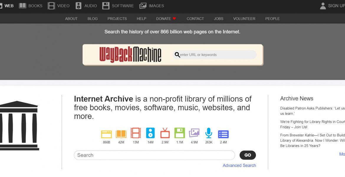 La homepage di Internet Archive