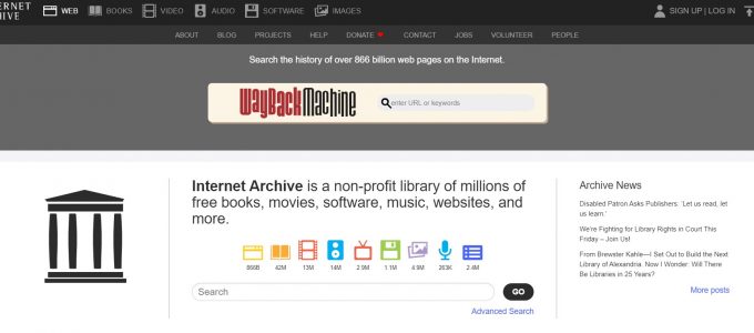 La homepage di Internet Archive