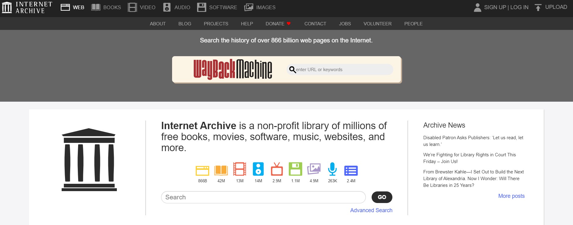La homepage di Internet Archive