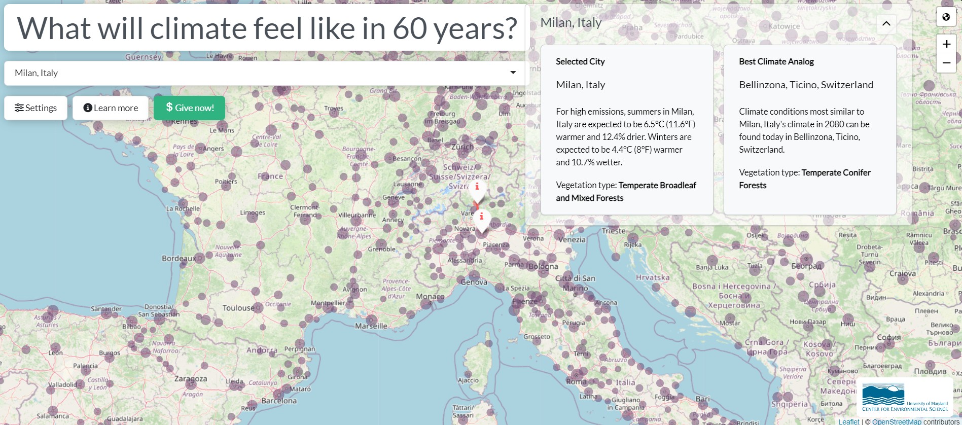 La mappa del progetto The Future Urban Climates