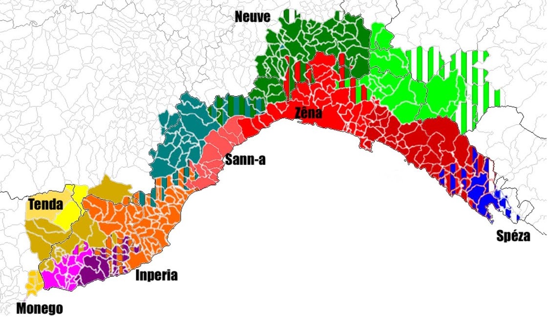 Questa mappa mostra come non esista un unico dialetto ligure. In diverse sfumature di rosso le tre varianti del ceppo "puro", quello genovese, savonese e levantino. <yoastmark class=