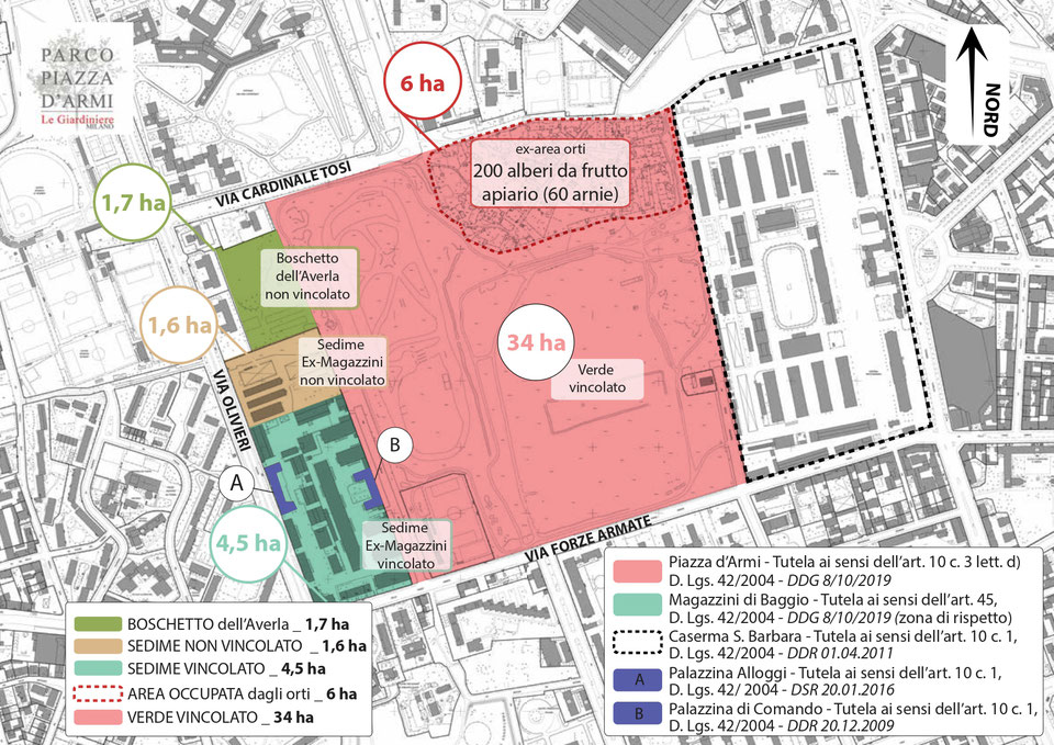 Una mappa di Piazza d'Armi con tutte le indicazioni del PGT del Comune di Milano. Edificabili restano solo le aree azzurra e gialla, ma si discute anche per quella verde. Il resto dovrà rimanere parco pubblico.