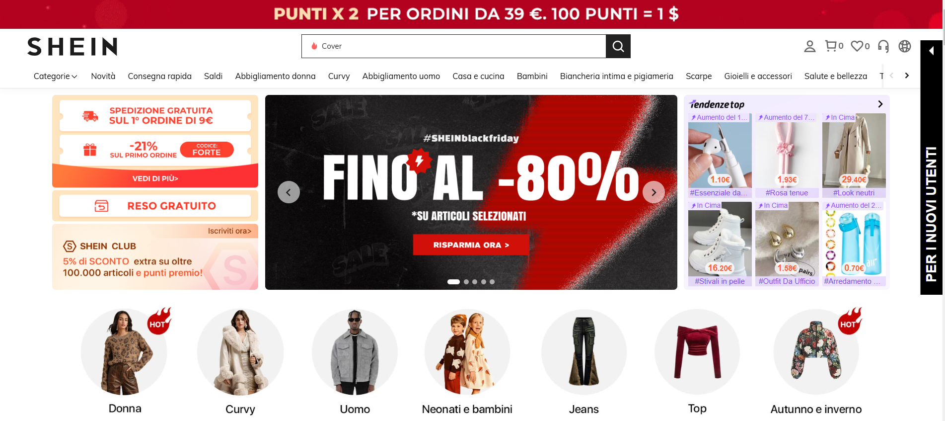 La homepage del sito di Shein.