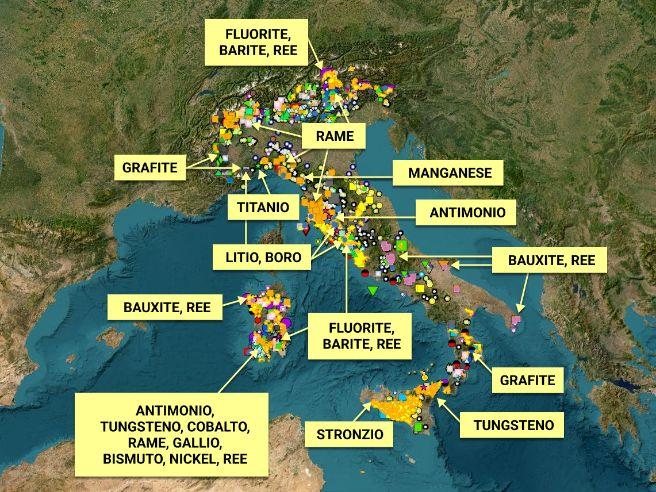 La mappa mostra le principali materie prime "critiche" presenti sul suolo italiano | Fonte: Corriere della Sera