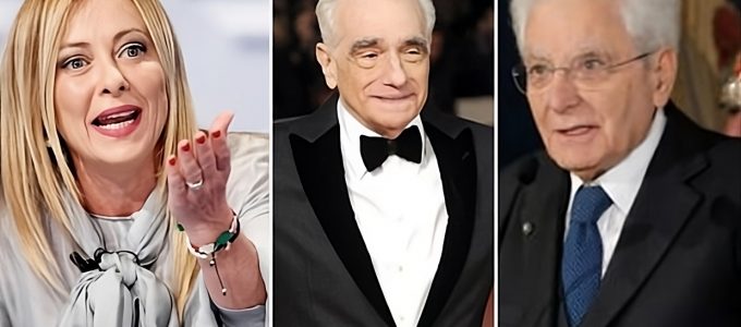 La premier Meloni, il regista Martin Scorsese e il presidente della Repubblica Sergio Mattarella. (Leggo)