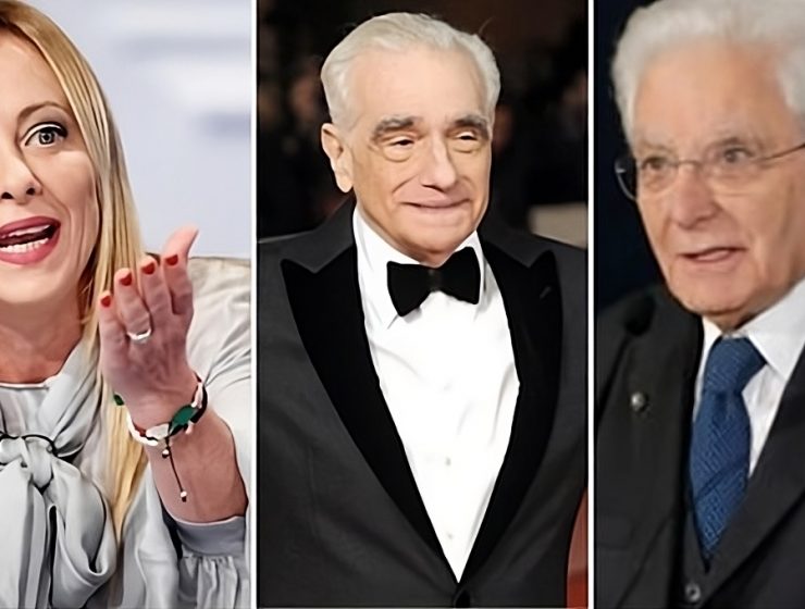 La premier Meloni, il regista Martin Scorsese e il presidente della Repubblica Sergio Mattarella. (Leggo)