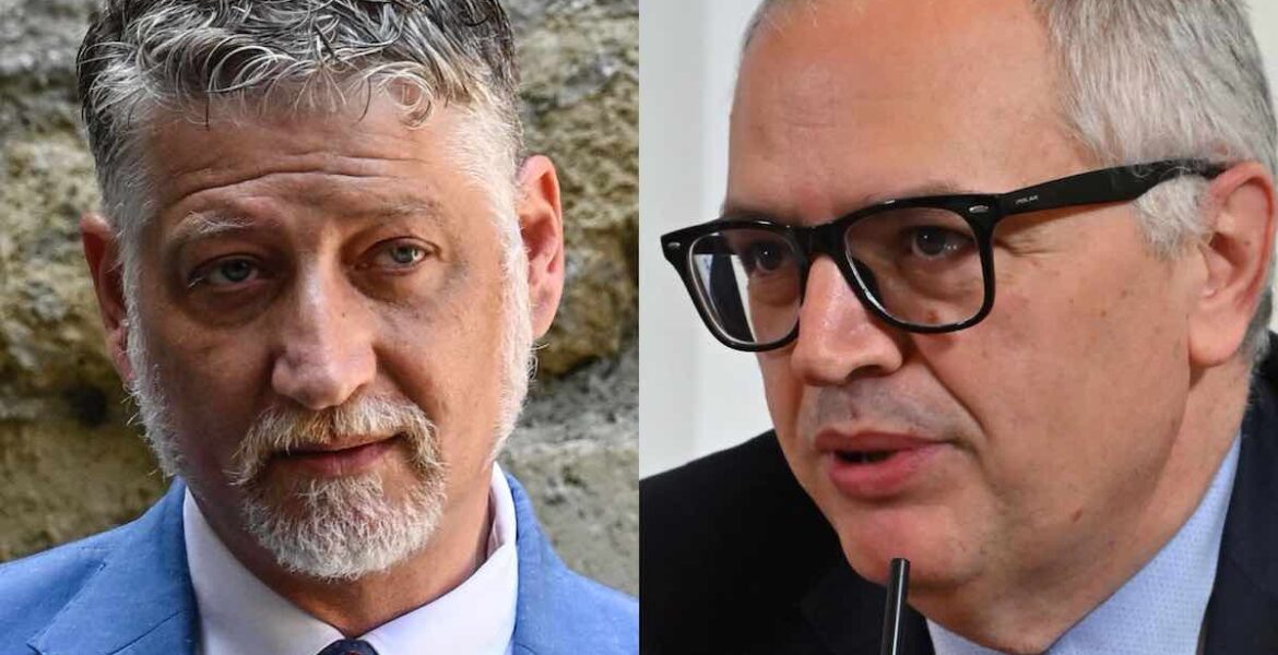 Il ministro della Cultura Alessandro Giuli e l'ex direttore del Cinema Nicola Borrelli. Foto: Open