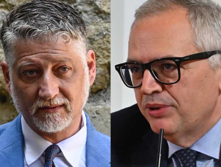 Il ministro della Cultura Alessandro Giuli e l'ex direttore del Cinema Nicola Borrelli. Foto: Open