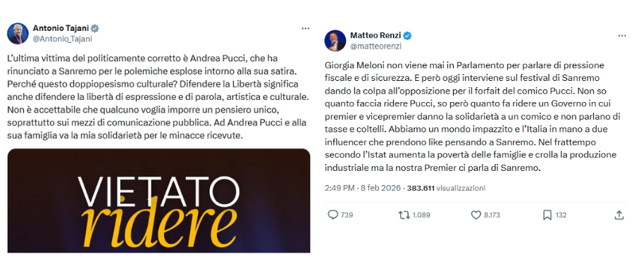 Le reazioni di Antonio Tajani e Matteo Renzi alla rinuncia di Andrea Pucci alla co-conduzione del Festival di Sanremo