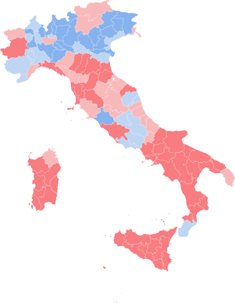 Il No (rappresentato con colore rosso) ha ottenuto la maggioranza in 17 regioni su 20. Il Sì, in blu, ha vinto in alcune regioni del Nord: Lombardia (53,56%), Veneto (58,41%) e Friuli Venezia Giulia (54,47%), dove il centrodestra è tradizionalmente più forte. Il Veneto è stata la regione dove il Sì ha vinto con la maggioranza più alta.